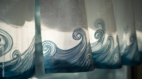 noren. A noren curtain with ukiyo-e wave patterns, fabric flowing gently in wind, indigo and white. event programs, museum guides, designed for cultural heritage projects and event programs.