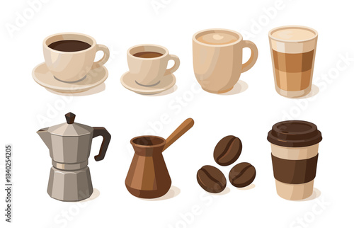 Coffee collection vector illustration, mugs, beans, flat vector style design