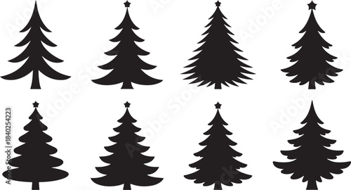 Collection of eight stylized black silhouette Christmas trees with stars on white background Keywords: Christmas tree, silhouette, black, white background, holiday, festive, winter, evergreen