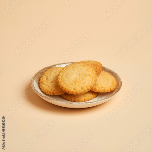 Crispy butter cookies neatly stacked on a small ceramic plate, warm beige background.