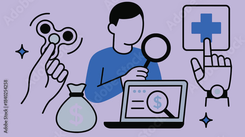 Finance, Health & Research Icon – Person with Laptop and Magnifying Glass, Money Bag, Medical Cross, and Fidget Spinner on Purple Background