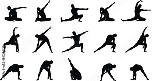 Silhouette yoga poses sequence, fitness exercise, meditation practice, flexibility training, black vector illustration, wellness activity, body balance, posture variety, minimal design