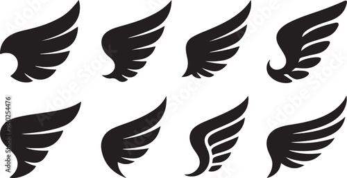 Collection of Eight Stylized Black Wing Silhouettes on White Background wings angel