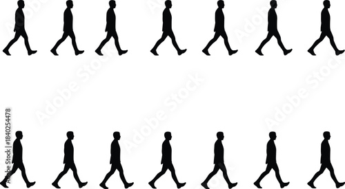 Silhouette people walking in rows, motion repetition, black vector illustration, uniform movement, minimal design, abstract walking pattern, stylized human figures, side view