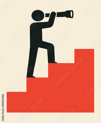business man running on red arrow - Vision & Progress Icon – Person on Red Staircase Looking Through Telescope on Beige Background