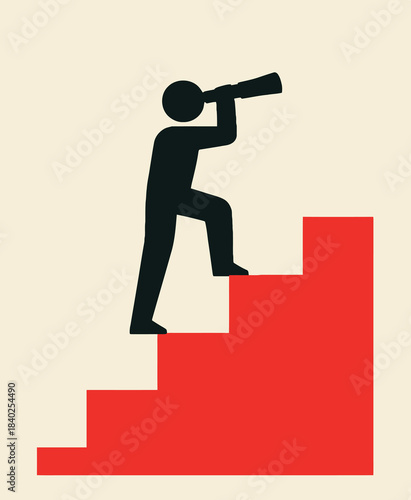 business man running on stairs - Vision & Progress Icon – Person on Red Staircase Looking Through Telescope on Beige Background