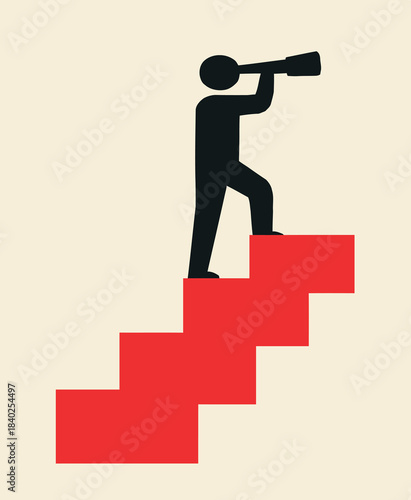 business man running on stairs - Vision & Progress Icon – Person on Red Staircase Looking Through Telescope on Beige Background