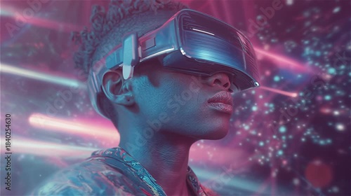 Young man wearing virtual reality headset in a futuristic setting.