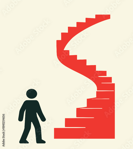 businessman standing on stairs  - Journey Toward Growth Icon – Person Facing Red S-Shaped Staircase on Beige Background