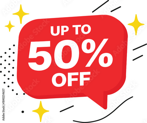 sale discount label vector - Up to 50% Off Icon – Red Speech Bubble with Bold White Text and Decorative Stars for Sale Promotions
