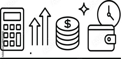 mobile phone icons set -Finance & Time Icon Strip – Calculator, Growth Arrows, Coin Stack, Sparkle, Clock, and Wallet in Line Style