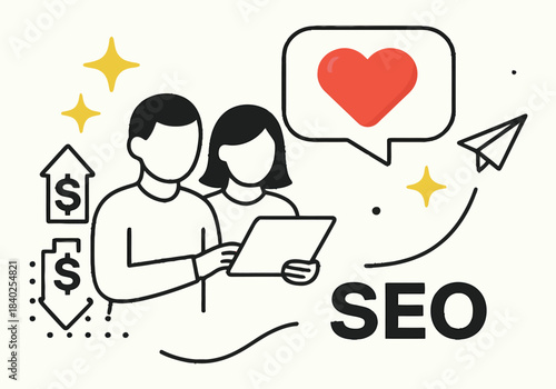 SEO Collaboration Icon – Two People with Tablet, Dollar Arrows, Heart Bubble, and Paper Airplane for Digital Strategy