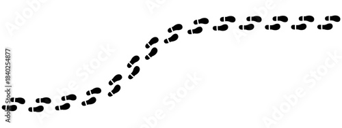 Trail of black shoe footprints following a curved path for represent tracking, search, or a winding journey