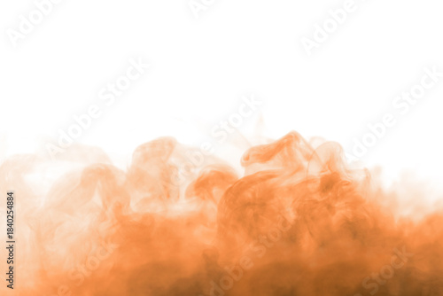 brown dust and smoke rising on white background, glowing atmospheric texture for visual effects, fire energy motion, abstract vapor form, and cinematic composition design. orange powder explosion
