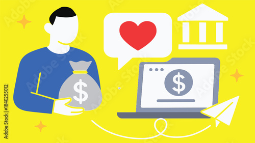 Digital Finance & Donation Icon – Person with Money Bag, Laptop, Heart Bubble, Paper Airplane, and Bank Symbol on Yellow Background