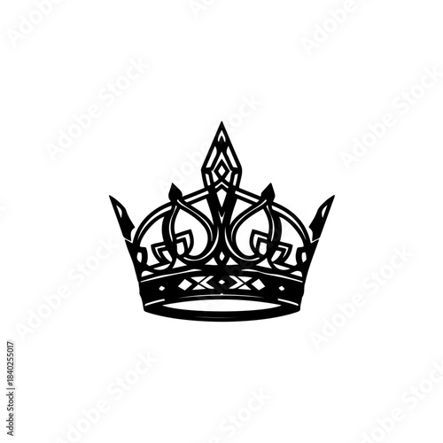 A striking black outline illustration of a royal crown with intricate details and a majestic spike, symbolizing monarchy, power, and prestige isolated on transparent background