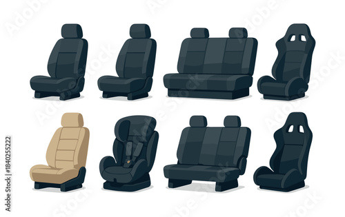 Car seat collection, flat vector illustration, automotive interior, vehicle design