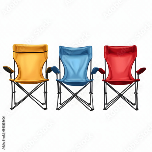 Group set of three camping chairs of different colors, blue red and yellow isolated on transparent background. Portable foldable seat furniture to rest and relax, outdoor travel tourism equipment

