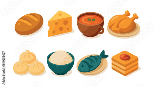 Food icons, bread, cheese, soup, chicken, flat vector illustration