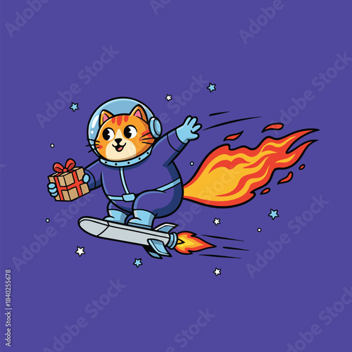 Astronaut Cat Delivering Gifts on a Rocket Board.