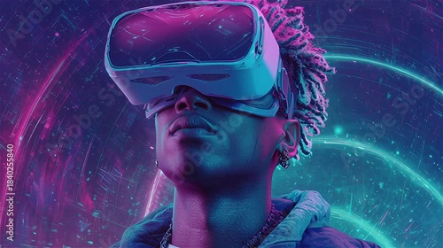 Young man experiencing virtual reality in a neon-lit metaverse.