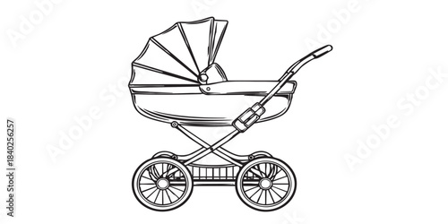Baby stroller side view outline icon vector