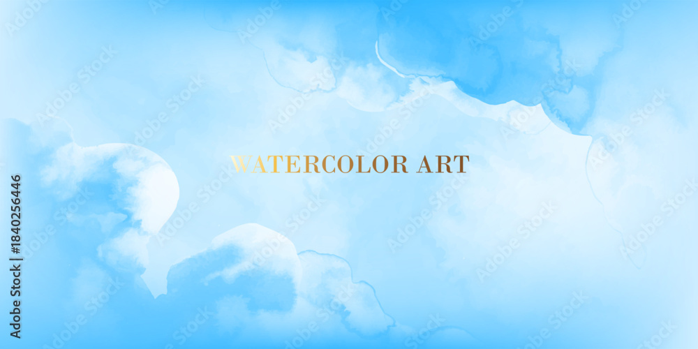 Fototapeta premium Blue sky, white clouds watercolor background. Soft elegant heaven vector illustration.