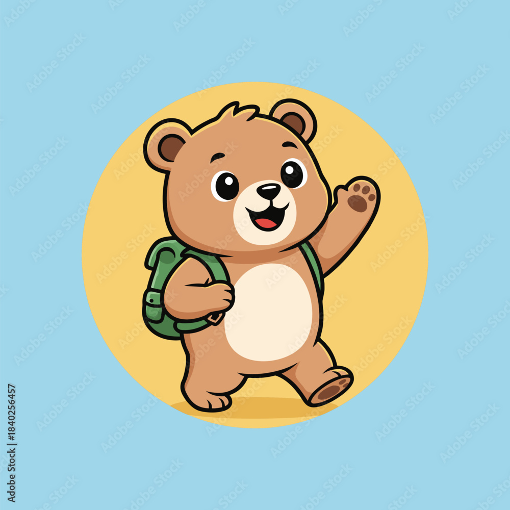 Fototapeta premium Cartoon bear with backpack waving hello.