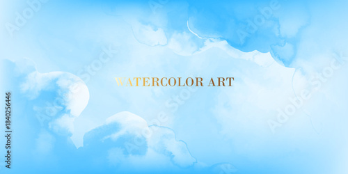 Blue sky, white clouds watercolor background. Soft elegant heaven vector illustration.