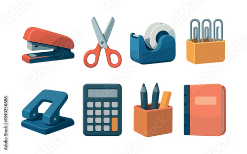 Office supplies set, stapler, scissors, tape, flat vector illustration