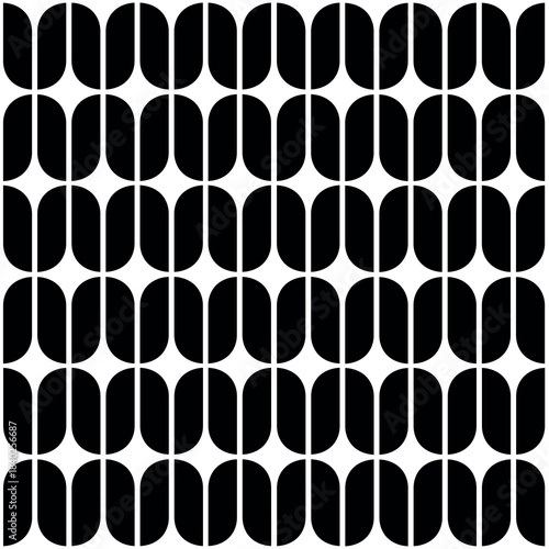 Black seamless geometric pattern with diagonally rounded asymmetric rectangles arranged in a clean repeating vertical grid. High contrast monochrome composition on white background. Vector