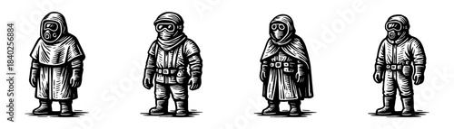 Post apocalypse survivors in protective cloaks vintage engraving icons set