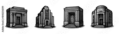 Mausoleum crypt buildings vintage engraving icons set