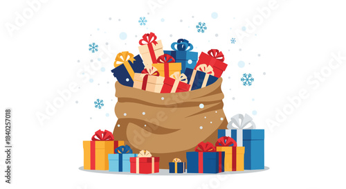 A large brown sack overflowing with numerous colorful wrapped gift boxes, surrounded by additional presents and falling snowflakes.
