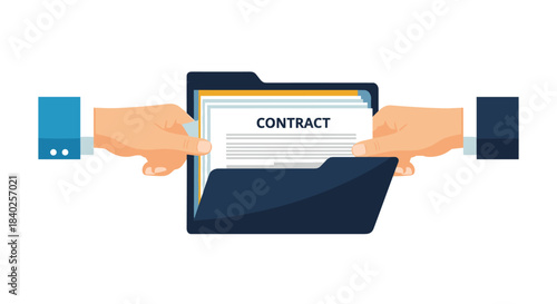 Two hands handle a contract document within an open file folder, symbolizing agreement, legal processes, or business transactions.