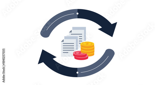Illustration of a continuous cycle of documents and money, symbolizing financial transactions, business processes, and economic exchange.