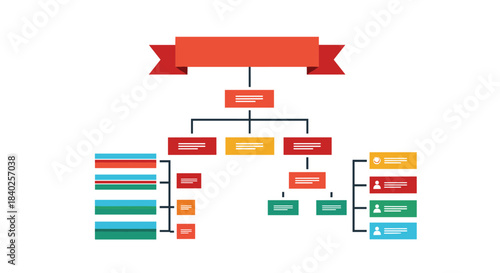 Abstract infographic template with interconnected blocks and a banner, representing data organization and business structure.