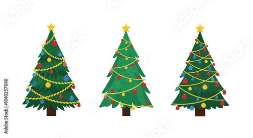 Three distinct cartoon Christmas trees adorned with festive decorations including stars, string lights, and colorful baubles on a white background.