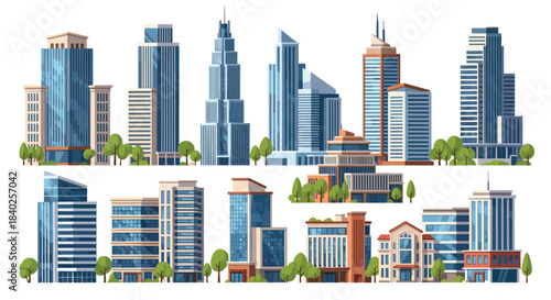 Flat vector illustration of a modern city with diverse buildings, tall skyscrapers, and contemporary office blocks forming an urban skyline.