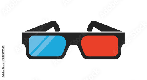 A pair of classic anaglyph 3D glasses with black frames, featuring blue and red lenses, commonly used for movies and virtual experiences.