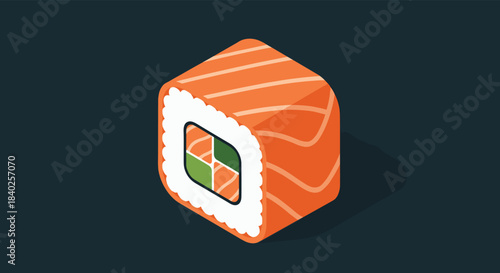 An isometric illustration of a single maki sushi roll, featuring salmon, rice, and a colorful inner filling, presented against a dark background.