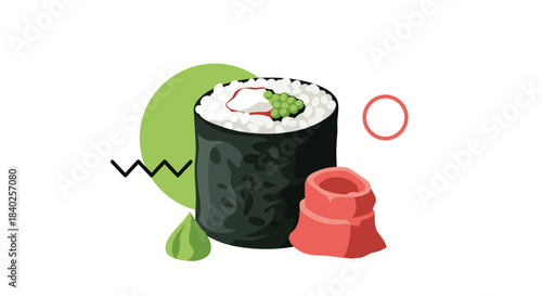 Delicious sushi maki roll with green caviar, wasabi, and pickled ginger, presented as a vibrant illustration with abstract geometric elements.