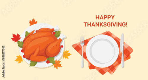Happy Thanksgiving illustration with a golden roasted turkey, autumn leaves, and a festive table setting ready for dinner.
