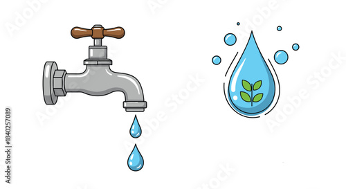 Cartoon illustration showing a dripping water faucet alongside a large water drop with green leaves, symbolizing water conservation and environmental care.