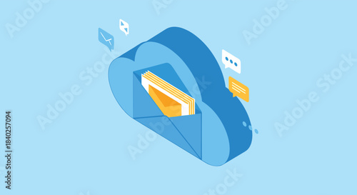 Isometric illustration of an envelope with documents inside a cloud, surrounded by email and chat icons, symbolizing digital communication and cloud storage.