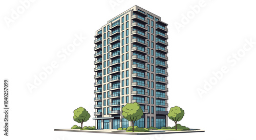 Modern high-rise building featuring numerous balconies and large windows, surrounded by green landscaping in a clean, illustrative style.