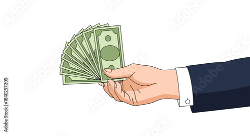 A businessman's hand extends, holding a fan of green banknotes, symbolizing payment, offering, or financial exchange.