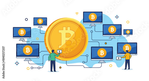 Global cryptocurrency network with a central Bitcoin coin, connecting users and computer systems in a decentralized digital economy.