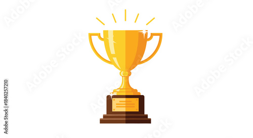 Golden winner's trophy icon shining brightly on a wooden base, representing success, achievement, and championship.