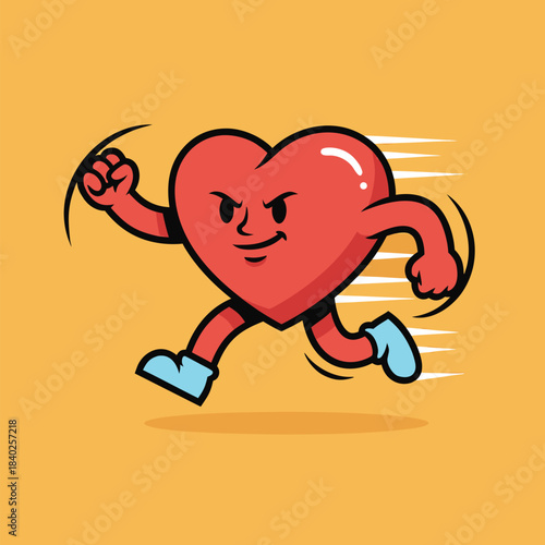 Cartoon heart running with determination and speed.